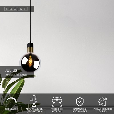 Lucide JULIUS - Lámpara colgante - Ø 20 cm - 1xE27 - Ahumado